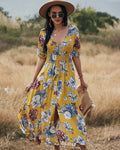 Vestido Floral Decote V e Fendas